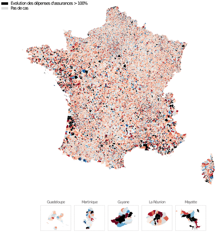 Variations des dépenses d’assurance multirisque par commune entre 2020 et 2024 - Carte